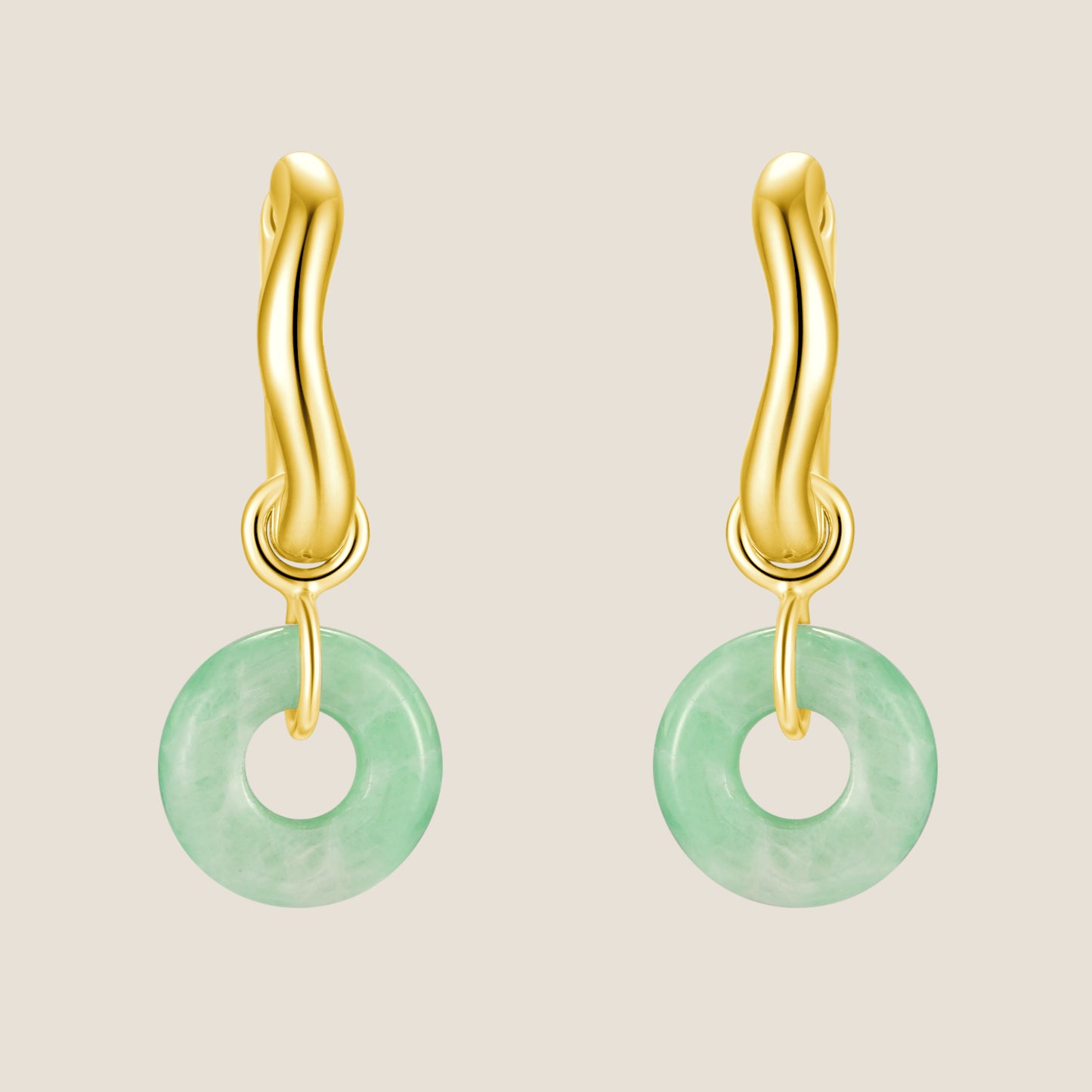 Wavy Huggie Hoop Earrings with Jade Donut