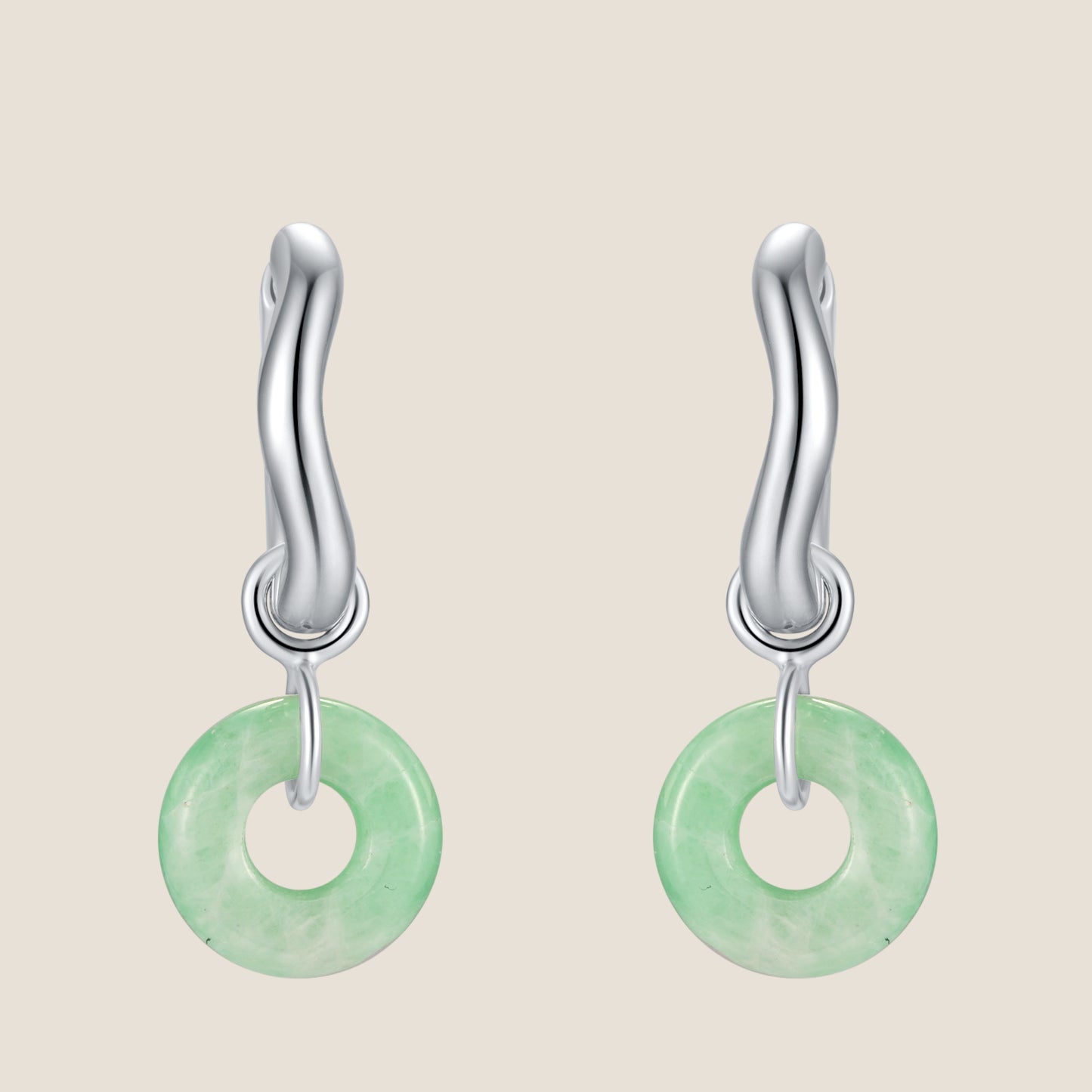 Wavy Huggie Hoop Earrings with Jade Donut